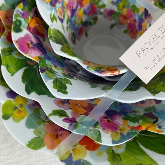 Rachel Zoe Melamine Nesting Bowls Spring Pansy Floral Scalloped Set of 4 NEW - Picture 3 of 5
